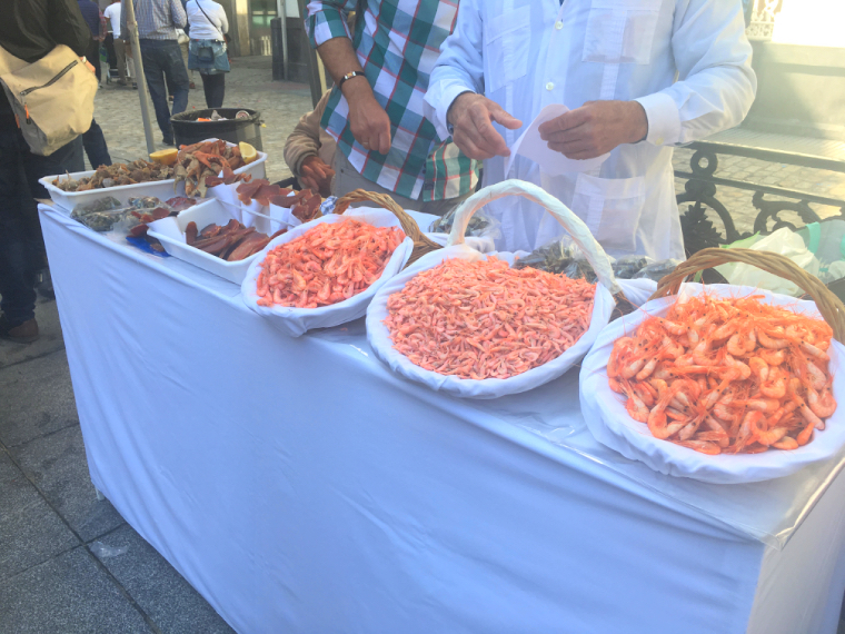カディスのカーニバルの道で売られている魚介類